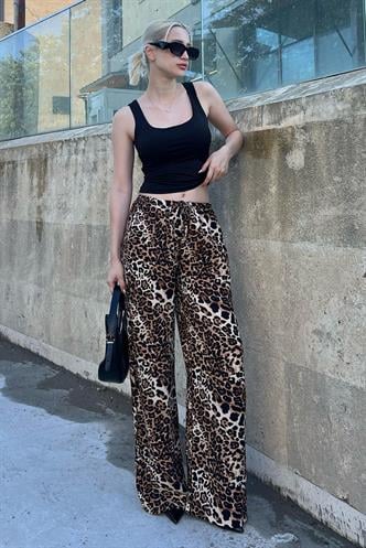 Bej Ayarlanabilir Bel Leopar Desenli Bol Paça Pantolon MG2095