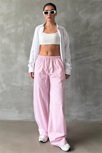 Pembe Beli Ayarlanabilir Çizgili Cepli Bol Paça Kadın Pantolon Mg2312