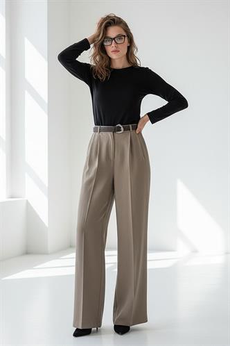 Haki Yüksek Bel Pileli Kemerli Geniş Paça Kadın Pantolon MG2615