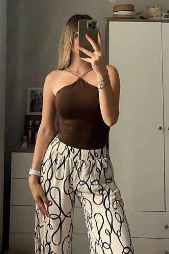 Ekru Desenli Beli Lastikli Bol Paça Pantolon MG2051