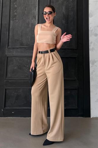  Bej Çift Pileli Kemerli Pantolon Mg2330