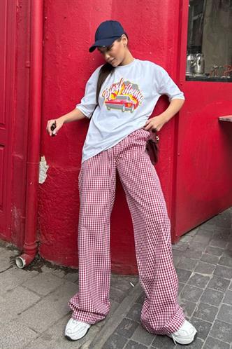 Bordo Pötikareli Bol Paça Kadın Pantolon Mg2335