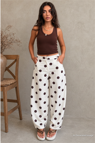 Ekru Puantiyeli Beli Lastikli Balon Kadın Pantolon MG2886