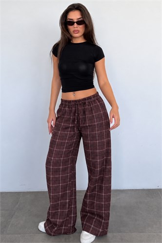 Bordo Lastikli Bel Geniş Paça Ekose Pantolon MG2658
