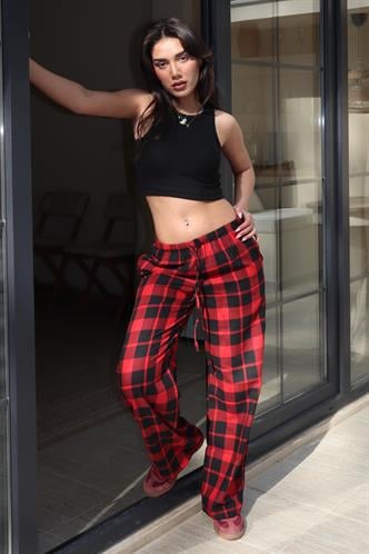 Bordo Ekoseli Kadın Pantolon Mg2401