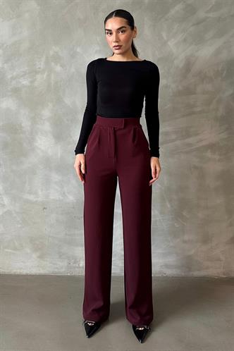 Bordo Likralı Cırt Kapamalı Palazzo Pantolon MG2291