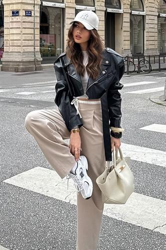 Bej Çift Bel Bantlı Wide Leg Kadın Pantolon MG2551