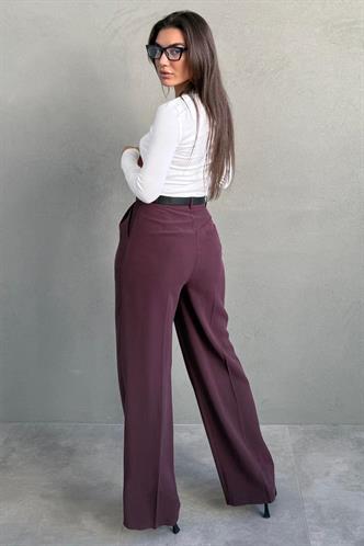 Mürdüm Yüksek Bel Pileli Kemerli Geniş Paça Kadın Pantolon MG2615