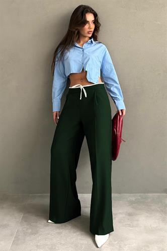 Haki Çift Bel Bantlı Wide Leg Kadın Pantolon MG2551