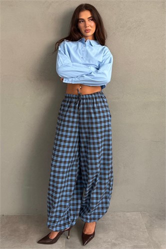 Mavi Ekose Desenli Beli Lastikli Balon Pantolon MG2905