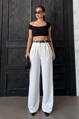 Beyaz Çift Pileli Kemerli Pantolon Mg2330