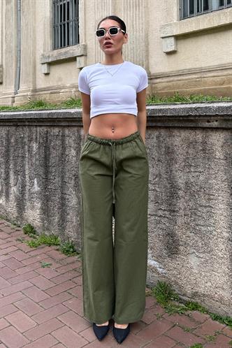 Haki Beli Büzgülü Wide Leg Kumaş Pantolon MG1950