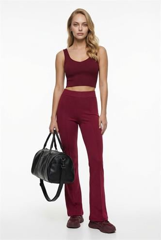 Bordo Yüksek Bel Flare Paça Şık Günlük Kadın Tayt MG2645