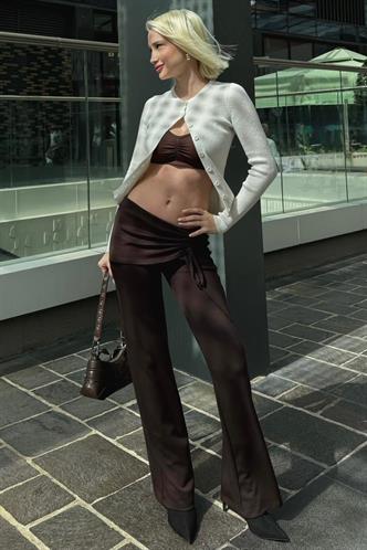 Kahverengi Modal Yumuşak Büzgü Bağcık Detaylı Flare Kadın Pantolon MG2562