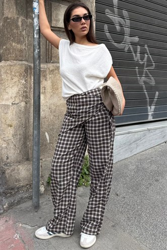 Kahverengi Fularlı Ekose Pantolon MG2734