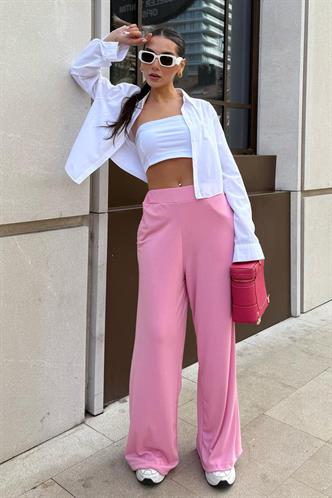 Pembe Yüksek Bel Rahat Kesim Geniş Paça Kadın Pantolon MG2309