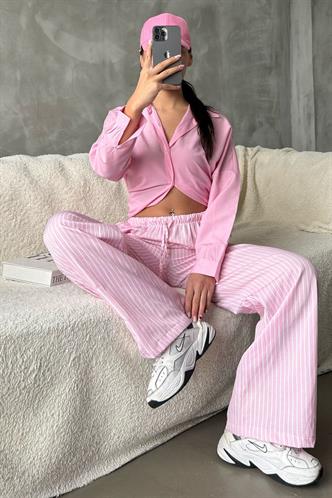 Pembe Beli Ayarlanabilir Çizgili Cepli Bol Paça Kadın Pantolon Mg2312