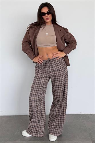 Kahverengi Lastikli Bel Geniş Paça Ekose Pantolon MG2658