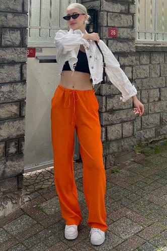 Turuncu Krinkıl Kumaş Basic Kadın Plaj Pantolon MG1778