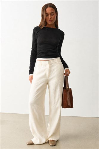 Ekru Yüksek Bel Keten Wide Leg Pantolon MG2718