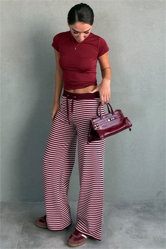 Bordo Çizgili Bol Paça Kadın Triko Pantolon MG2916