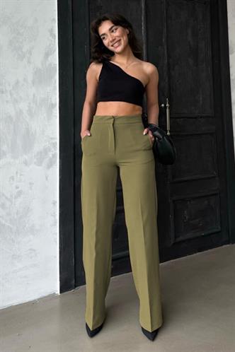 Haki Yüksek Bel Kumaş Pantolon MG2284