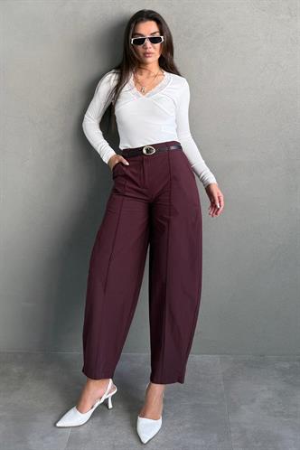 Mürdüm Modern Kesim Kemerli Yüksek Bel Bol Paça Kumaş Pantolon MG2618