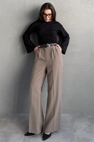 Haki Yüksek Bel Pileli Kemerli Geniş Paça Kadın Pantolon MG2615