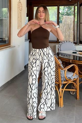 Ekru Desenli Beli Lastikli Bol Paça Pantolon MG2051