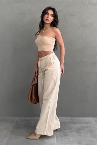 Bej Beli Büzgülü Wide Leg Kumaş Pantolon MG1950