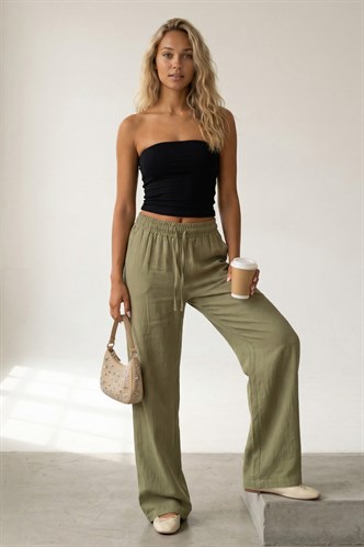 Koyu Yeşil Bol Paça Müslin Kadın Pantolon MG1980