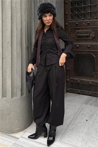 Siyah Pileli Cepli Balon Kadın Pantolon MG2692