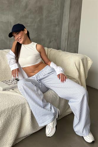 Mavi Beli Ayarlanabilir Çizgili Cepli Bol Paça Kadın Pantolon Mg2312
