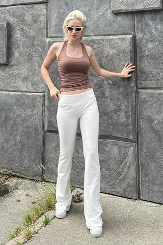 Ekru Beli Fitilli Yüksek Bel İspanyol Paça Tayt MG2096