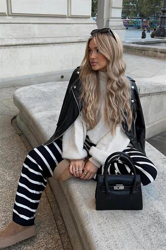 Lacivert Çizgili Kadın Triko Pantolon Mg2342