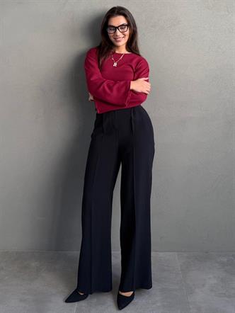 Siyah Yüksek Bel Pileli Kemerli Geniş Paça Kadın Pantolon MG2615