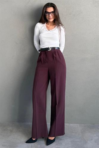 Mürdüm Yüksek Bel Pileli Kemerli Geniş Paça Kadın Pantolon MG2615