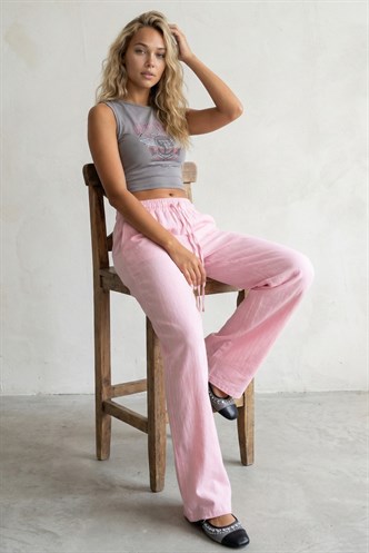 Pembe  Bol Paça Müslin Kadın Pantolon MG1980