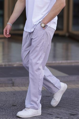 Gri Beli Ayarlanabilir Bol Paça Dökümlü Çizgili Pantolon 6541