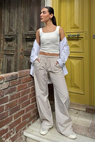 Bej Pötikareli Bol Paça Kadın Pantolon Mg2335