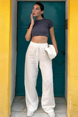 Beyaz Bol Paça Müslin Kadın Pantolon MG1980