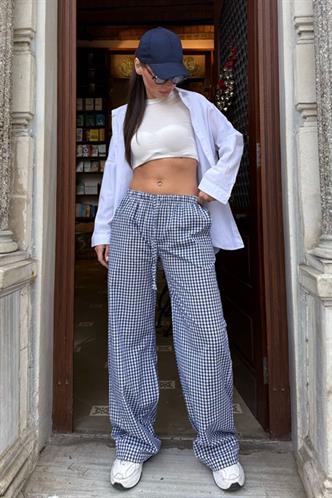 Lacivert Pötikareli Bol Paça Kadın Pantolon Mg2335