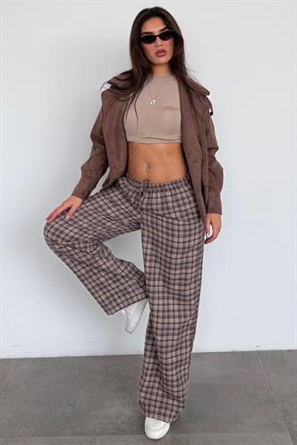 Kahverengi Lastikli Bel Geniş Paça Ekose Pantolon MG2658