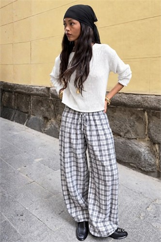 Beyaz Ekose Desenli Yüksek Bel Balon Fit Kadın Pantolon MG2726