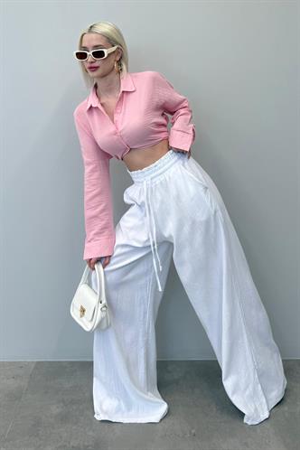 Beyaz Yüksek Bel Bol Paça Pantolon MG2408