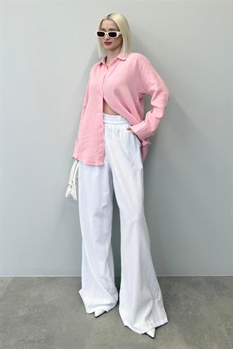 Beyaz Yüksek Bel Bol Paça Pantolon MG2408