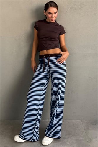 Acı Kahve Çizgili Bol Paça Kadın Triko Pantolon MG2916