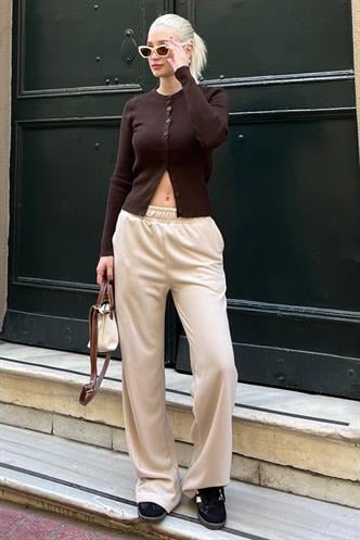 Bej Beli Lastikli Yüksek Bel İspanyol Paça Triko Eşofman  MG2211