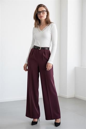 Mürdüm Yüksek Bel Pileli Kemerli Geniş Paça Kadın Pantolon MG2615