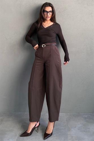 Kahverengi Modern Kesim Kemerli Yüksek Bel Bol Paça Kumaş Pantolon MG2618